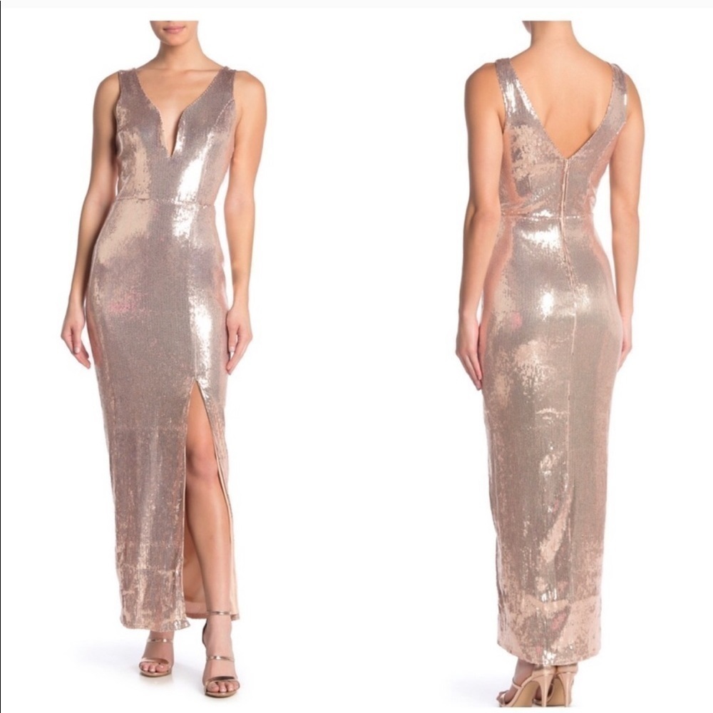 Max & Ash Sequin Deep V Front Slit Dress